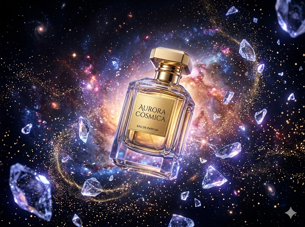 AI generated luxury perfume bottle floating in galaxy nebula using Nano Banana 2