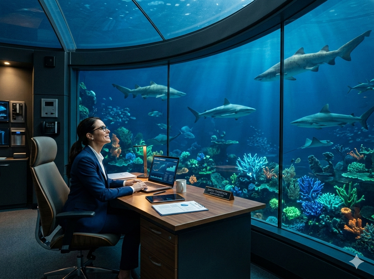 AI generated businessman working in underwater office with sharks using Nano Banana 2